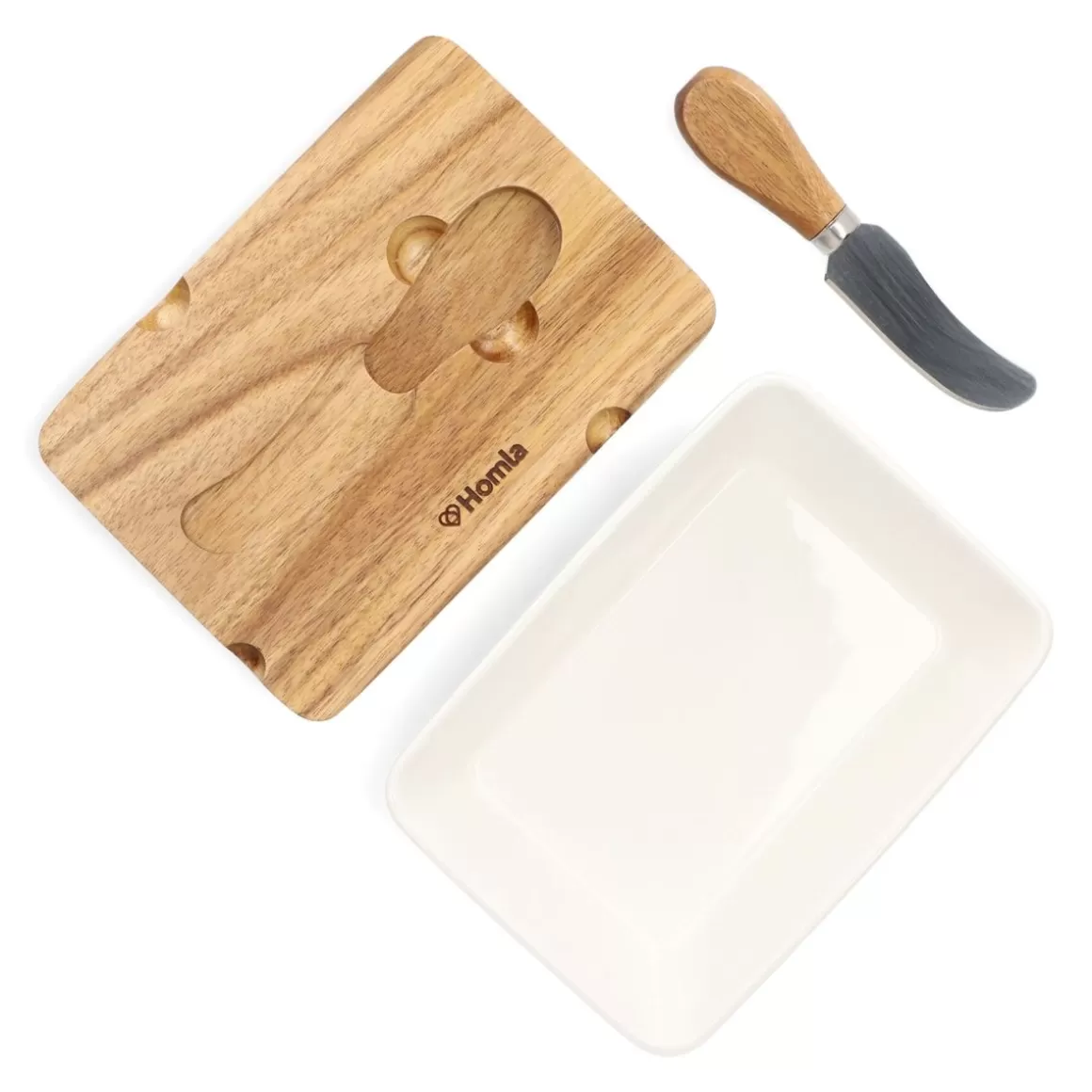 HOMLA Maselniczka Mooka Porcelanowa Z Nozykiem I Akacjowa Pokrywka Biala 11X16 Cm