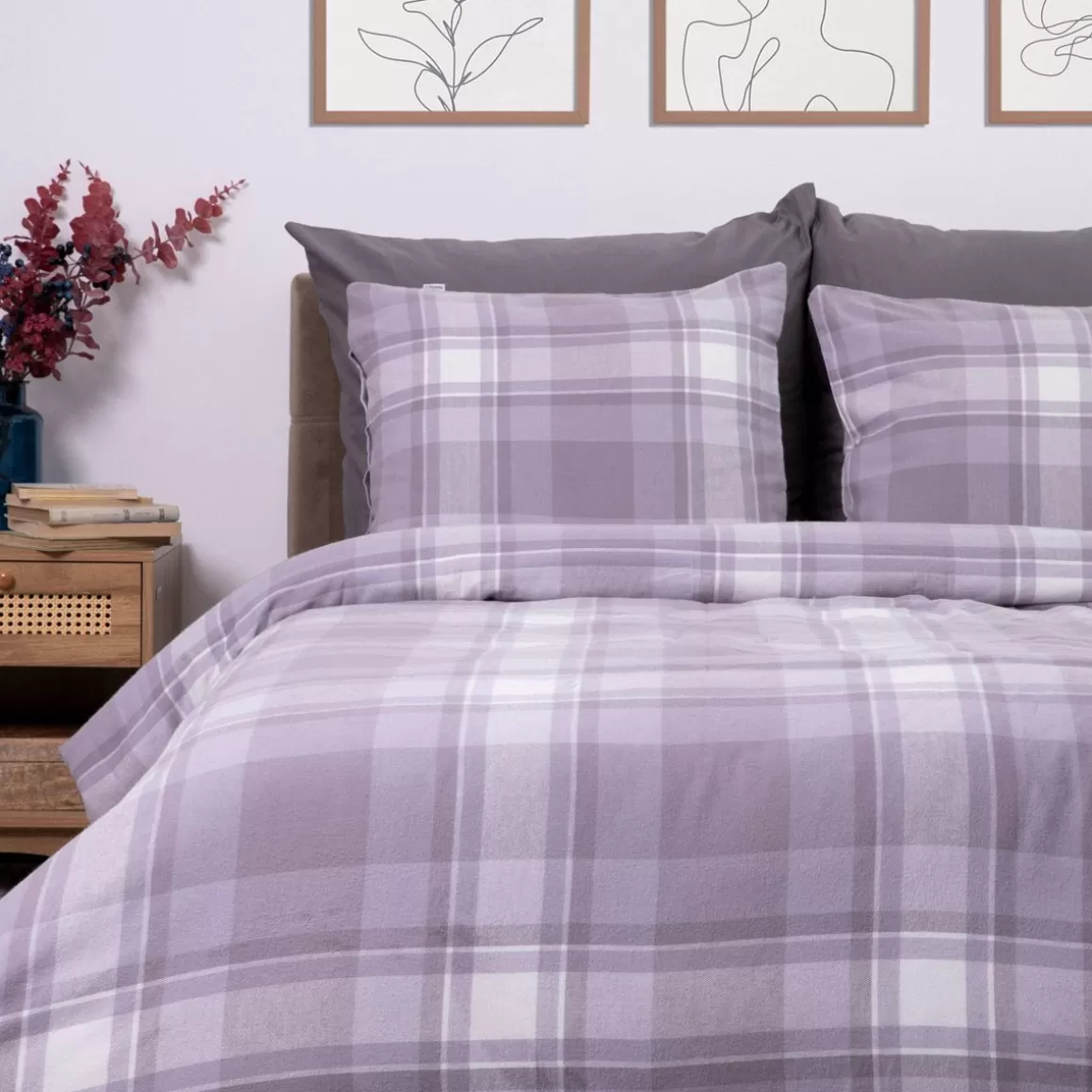 HOMLA Pościel Vella Flanelowa W Szara Krate 160X200 Cm + 1 X 50X60 Cm