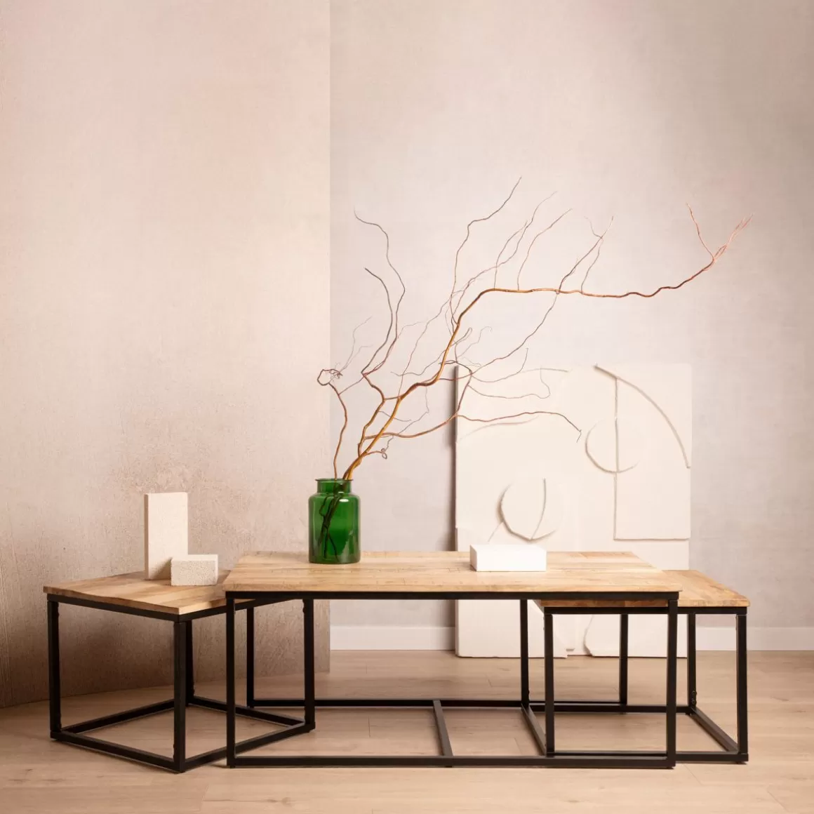 HOMLA Zestaw Stolikow Kawowych Maya Lite Drewno Mango + Metal 110X60X45 Cm/50X50X40Cm