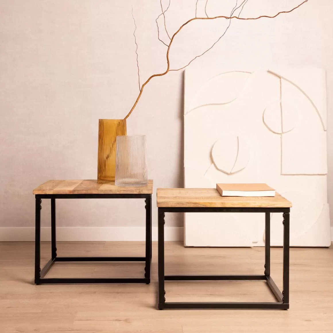 HOMLA Zestaw Stolikow Kawowych Maya Lite Drewno Mango + Metal 110X60X45 Cm/50X50X40Cm